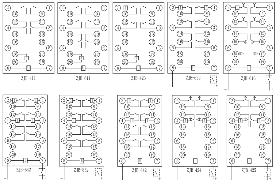 ZJB-422保持中間繼電器內(nèi)部接線圖