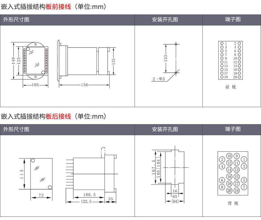 RCJ-2嵌入式插拔結(jié)構(gòu)外形及接線方式圖