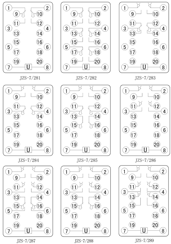 JZS-7/288斷電延時(shí)中間繼電器內(nèi)部接線圖