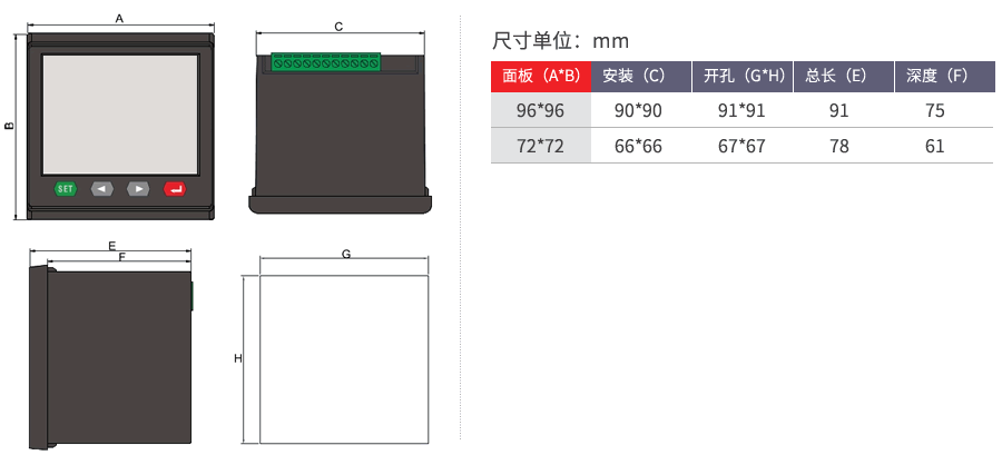 LED多功能電力儀表開孔尺寸圖